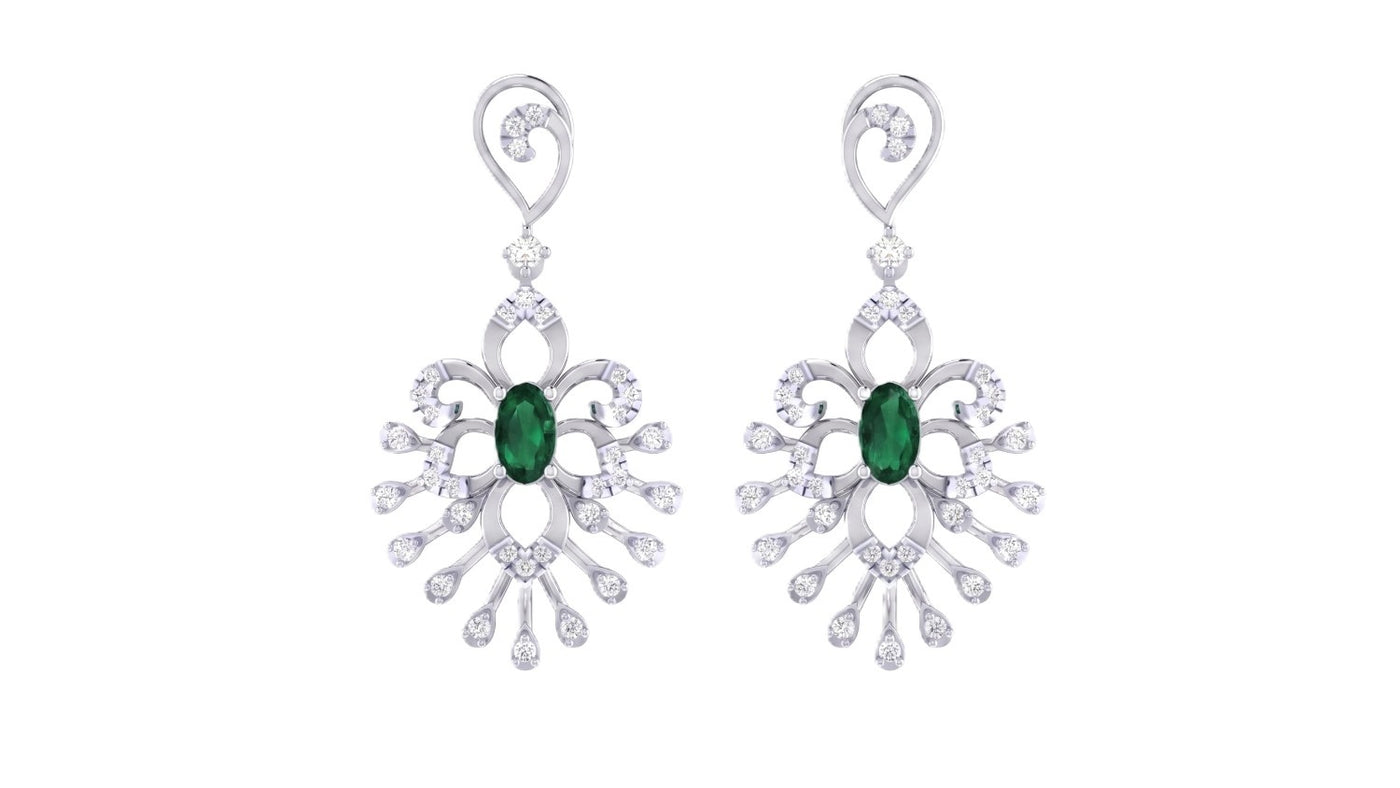 White gold and diamond drop earrings with gemstones on a white background