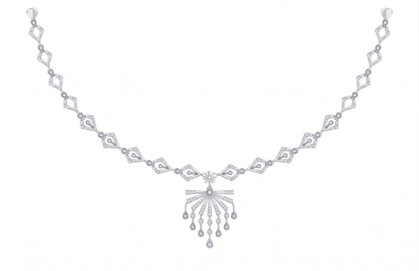 A white gold and diamond necklace with a central sunburst, displayed on a solid white background.