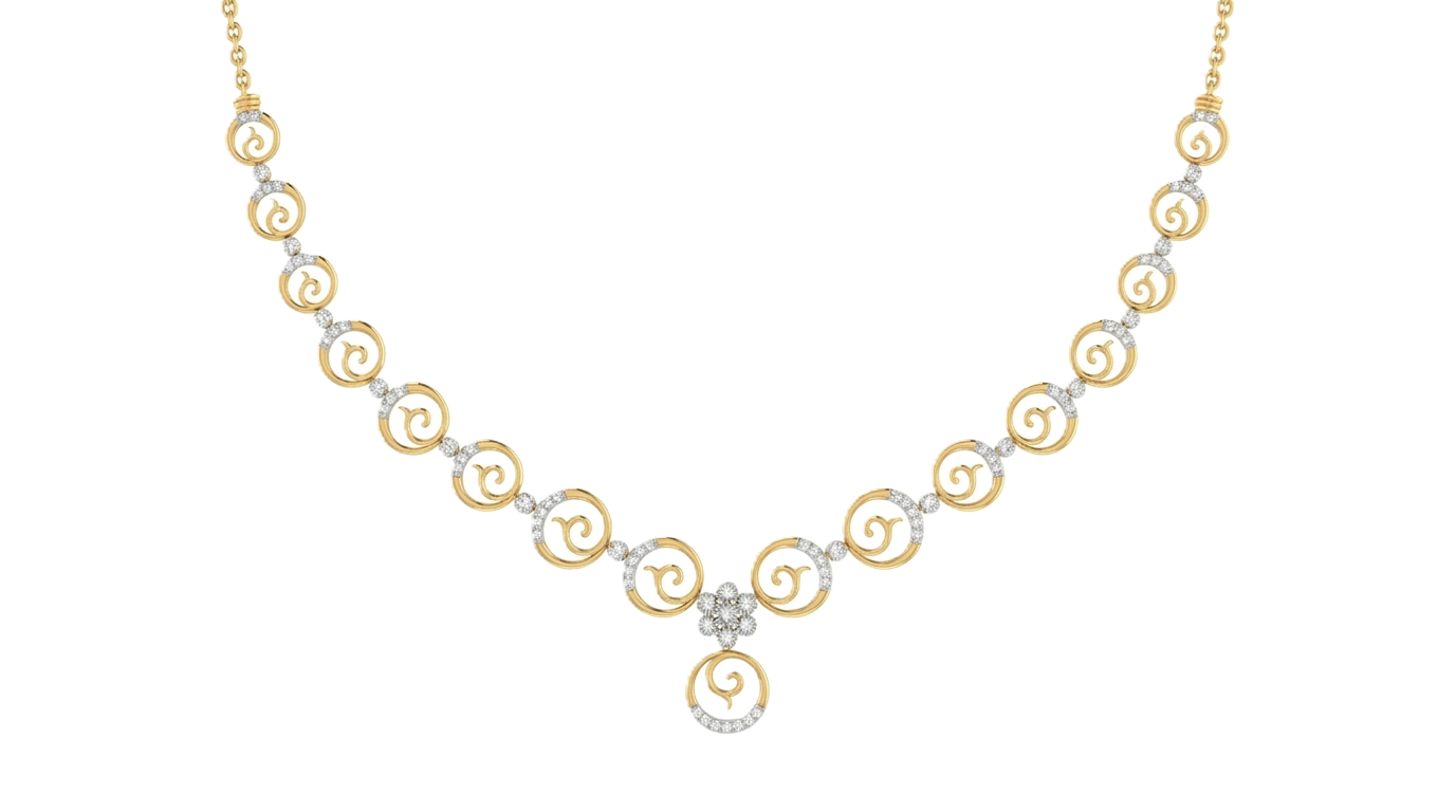 Yellow gold and diamond spiral necklace on a white background