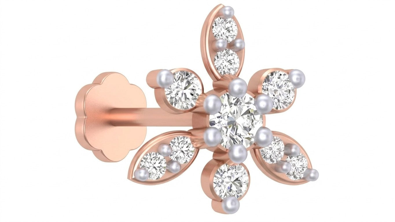 rose gold and diamond stud nose pin on a white background