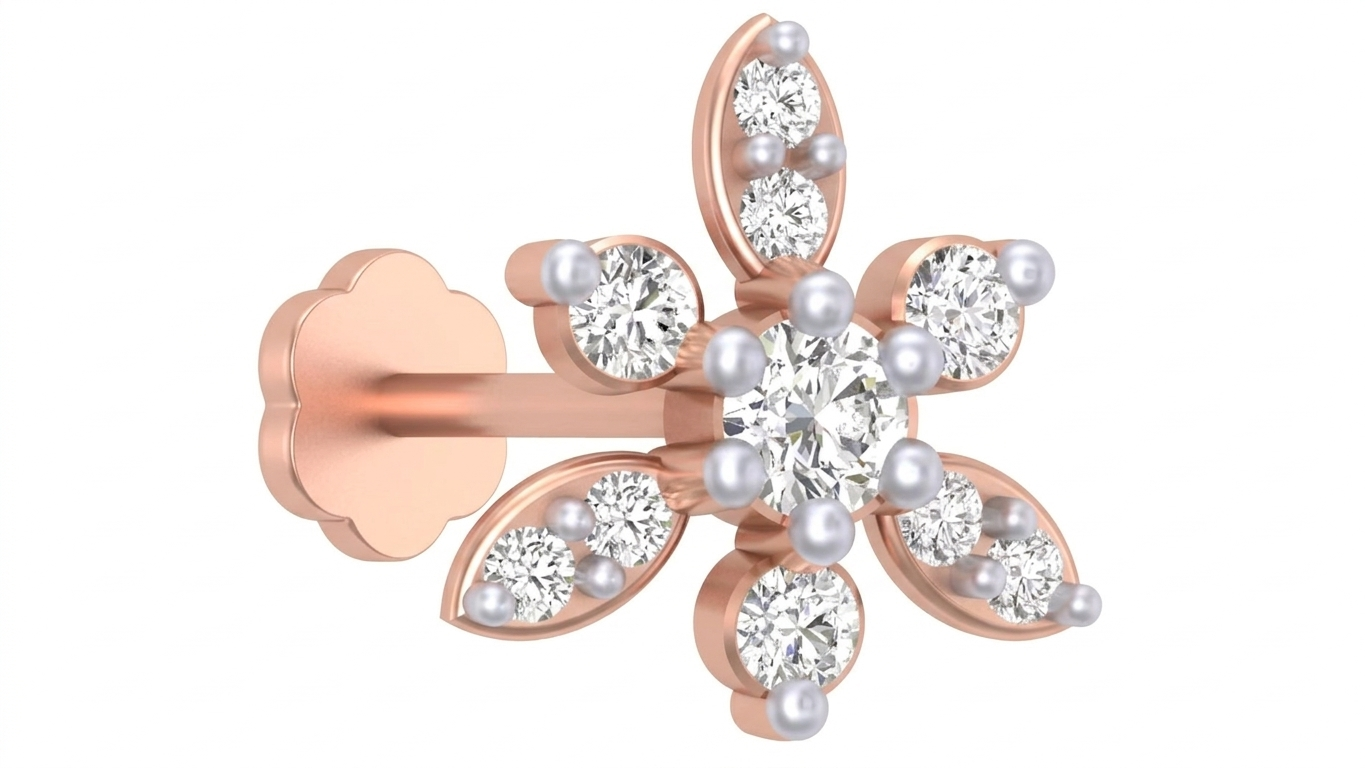 Rose gold and diamond stud nose pin with floral design and clear gemstones on a white background