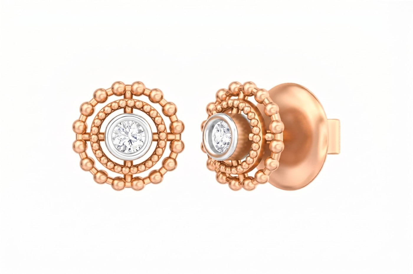 Rose gold and diamond round-shaped earrings on a white background