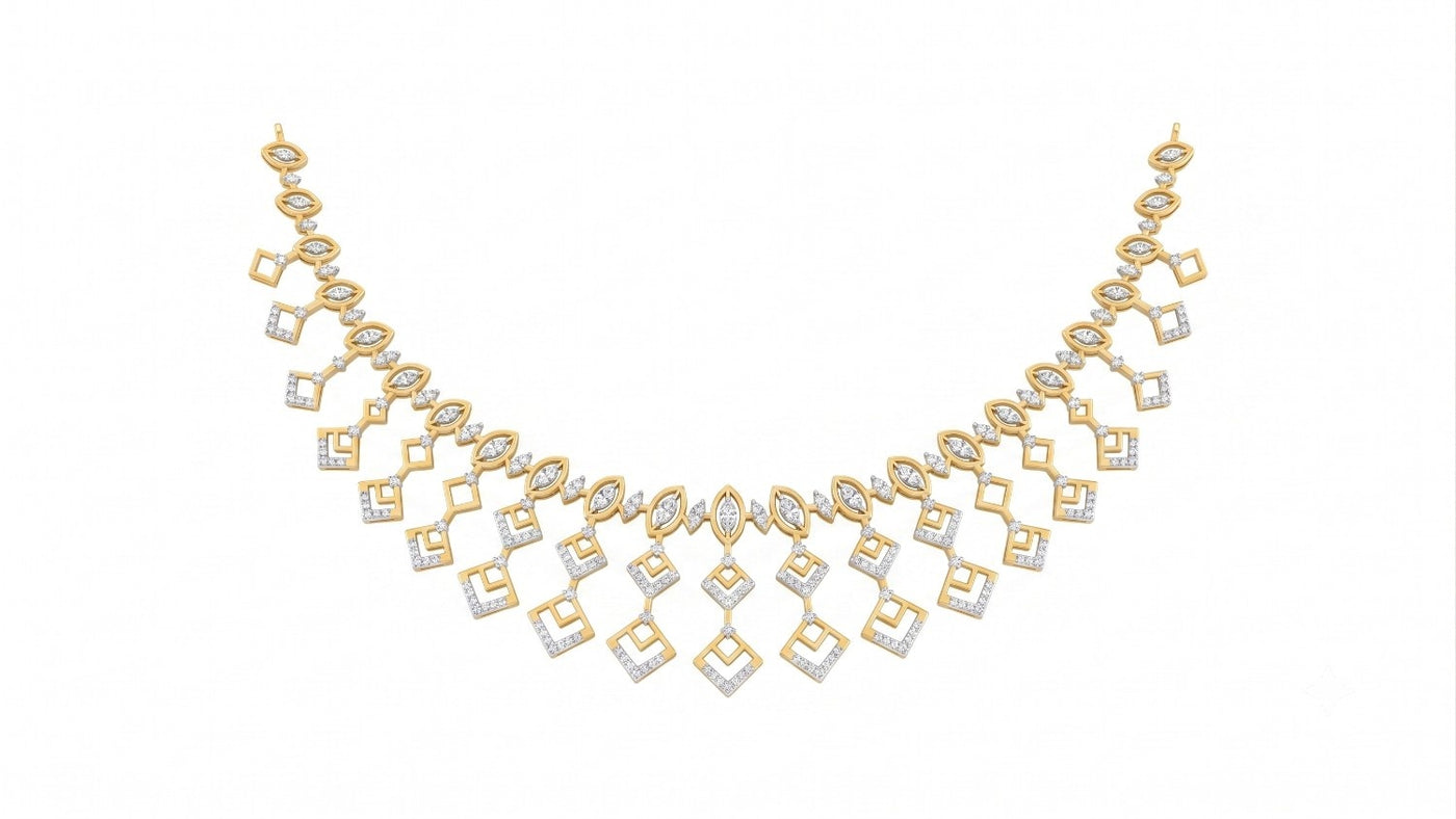 Yellow gold and diamond necklace with a geometric diamond pattern, displayed on a solid white background.