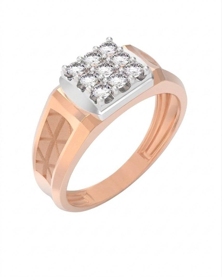 A ring featuring a rose gold band and a silver-toned square-shaped, shown on a plain white background.