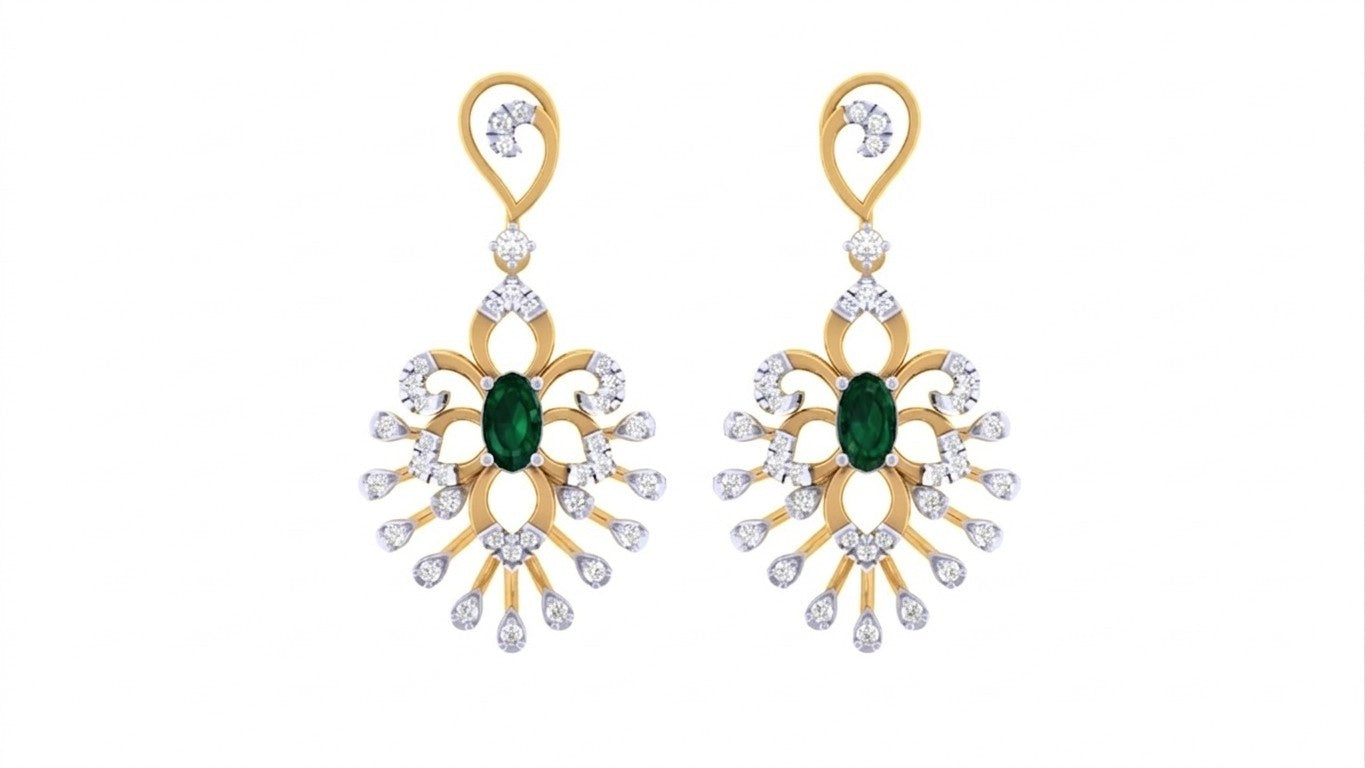 Yellow gold and diamond drop earrings with gemstones on a white background