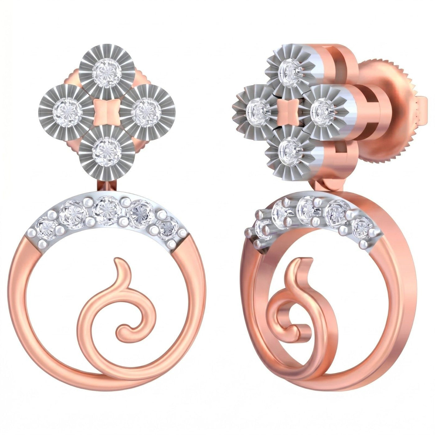 Rose gold and diamond earrings with floral design on a white background