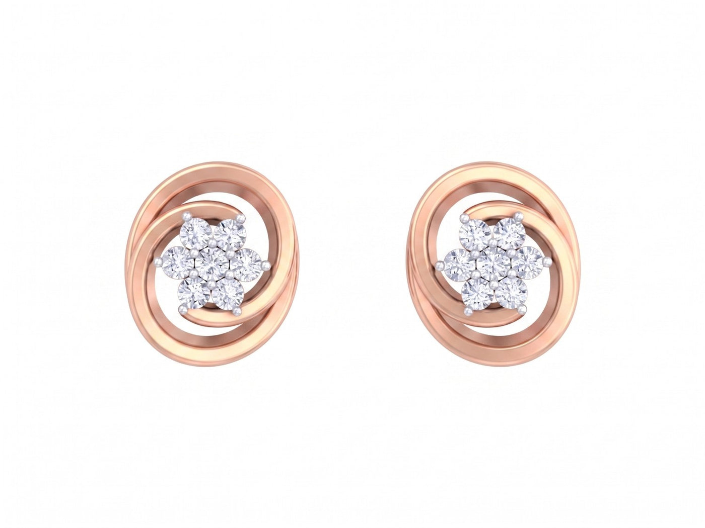 Rose gold and diamond stud earring with floral-design on a white background.