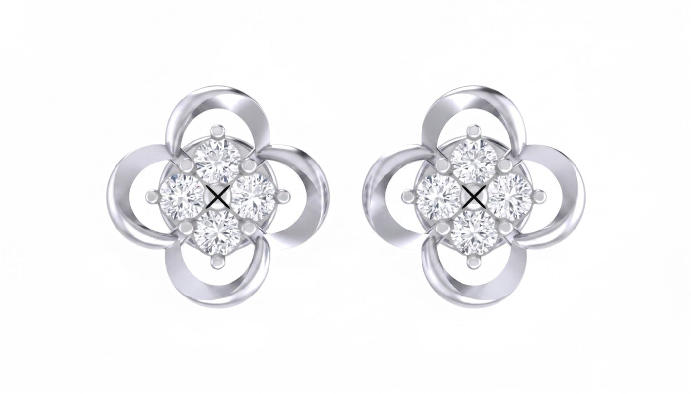 White gold abd diamond stud  earrings with floral-design stones on a white background