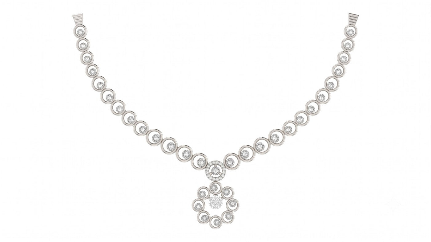 White gold and diamond necklace set on a white background.
