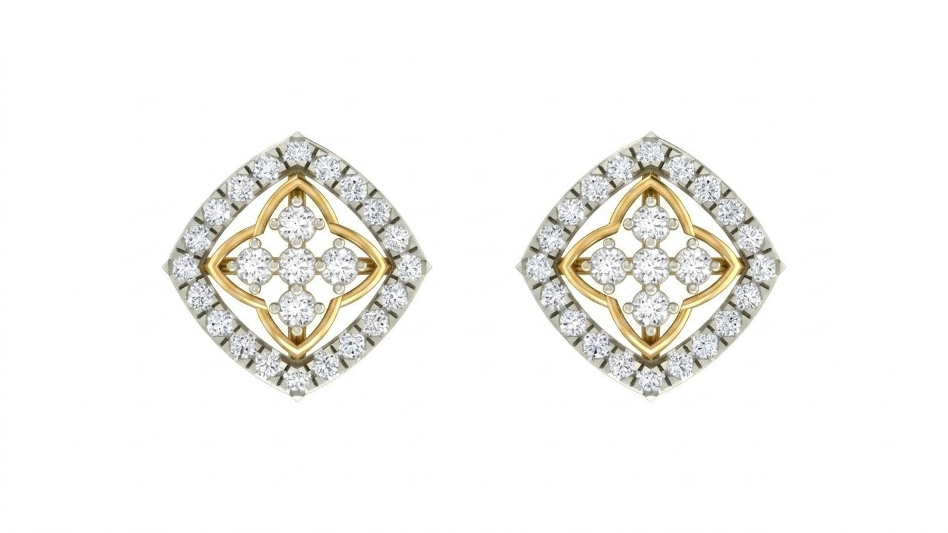 Pair of yellow gold and diamond stud earrings on a white background.