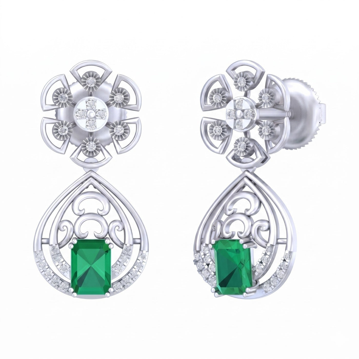White gold and diamond earrings with green gemstones on a white background
