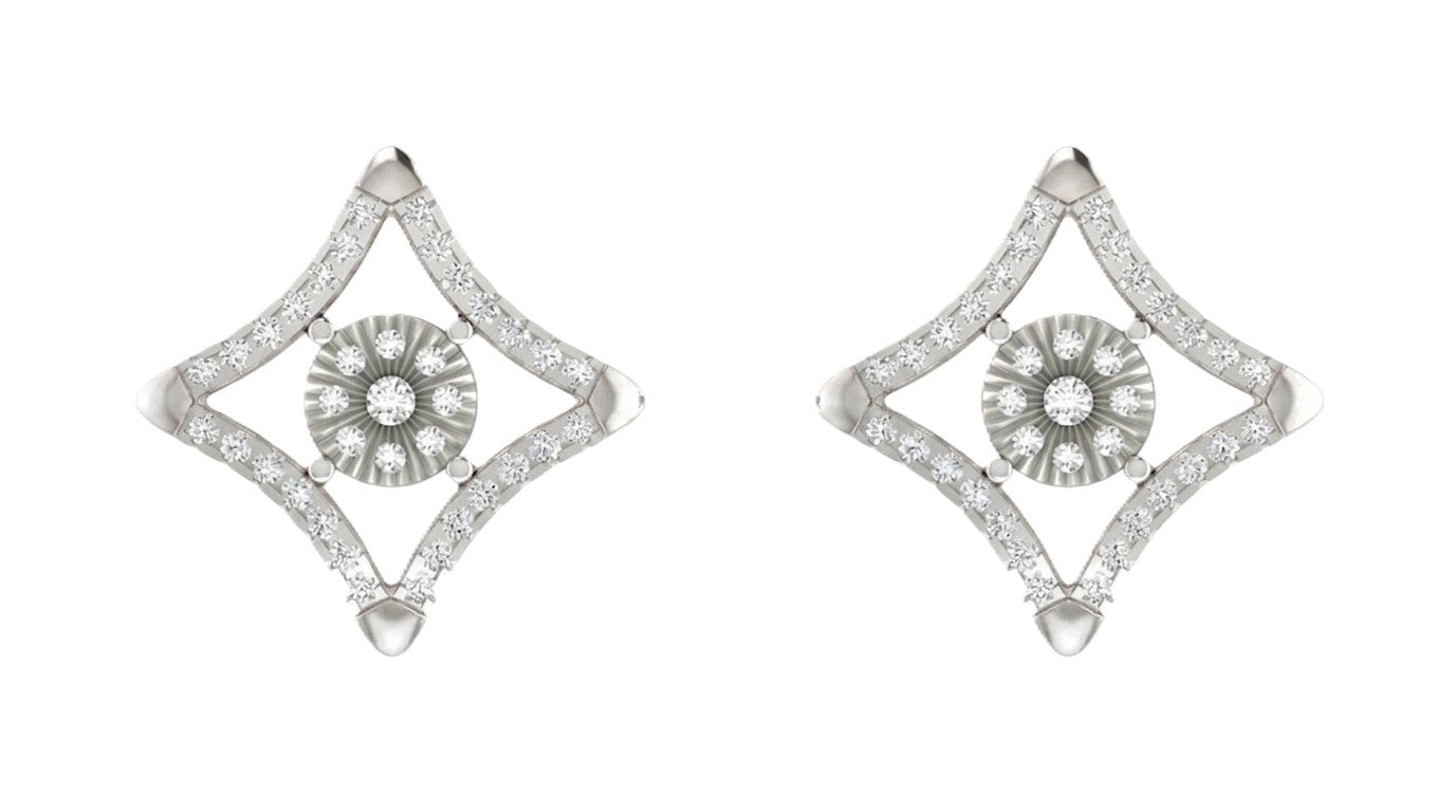 Pair of white gold and diamond stud earrings on a white background