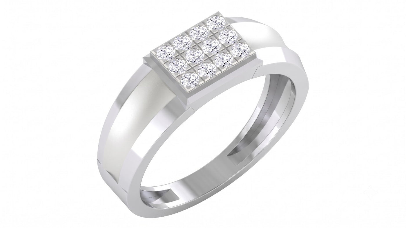 A white gold ring with a square diamond cluster on a white background.