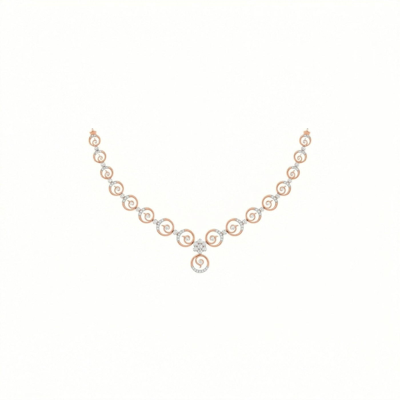 Rose gold and diamond necklace on a white background