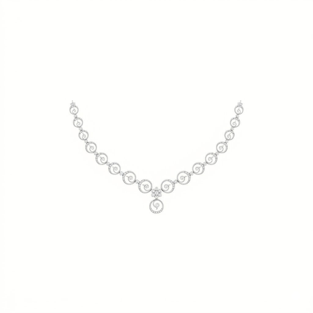 A white gold necklace with a repeating pattern of swirls and center floral design, shown on a plain white background.