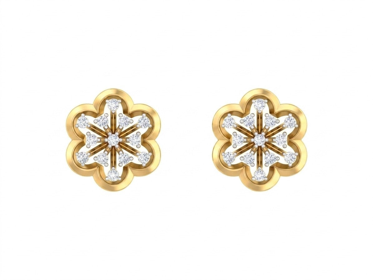 Yellow gold and diamond stud earring with floral-design on a white background.