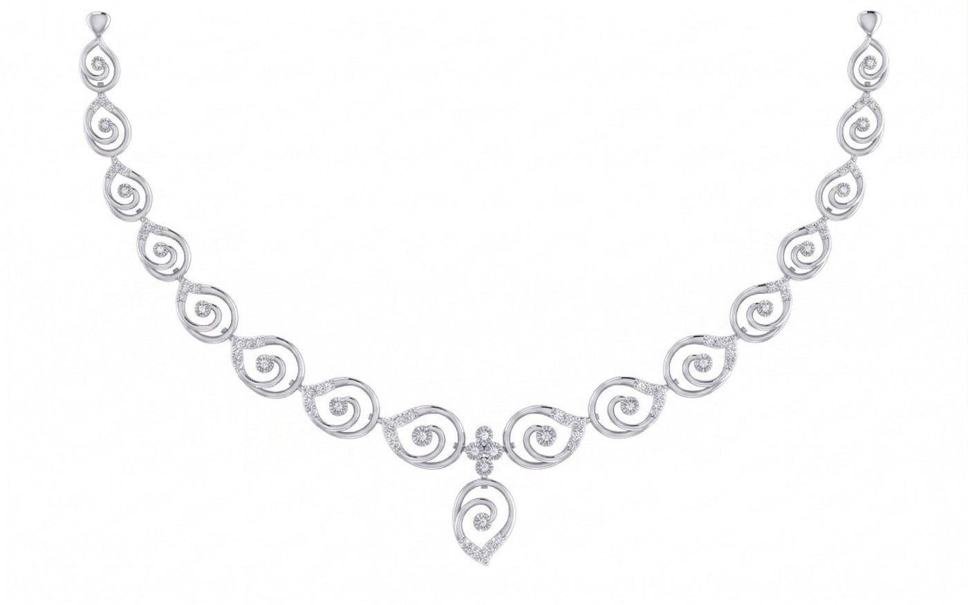 White gold necklace with intricate design on a white background