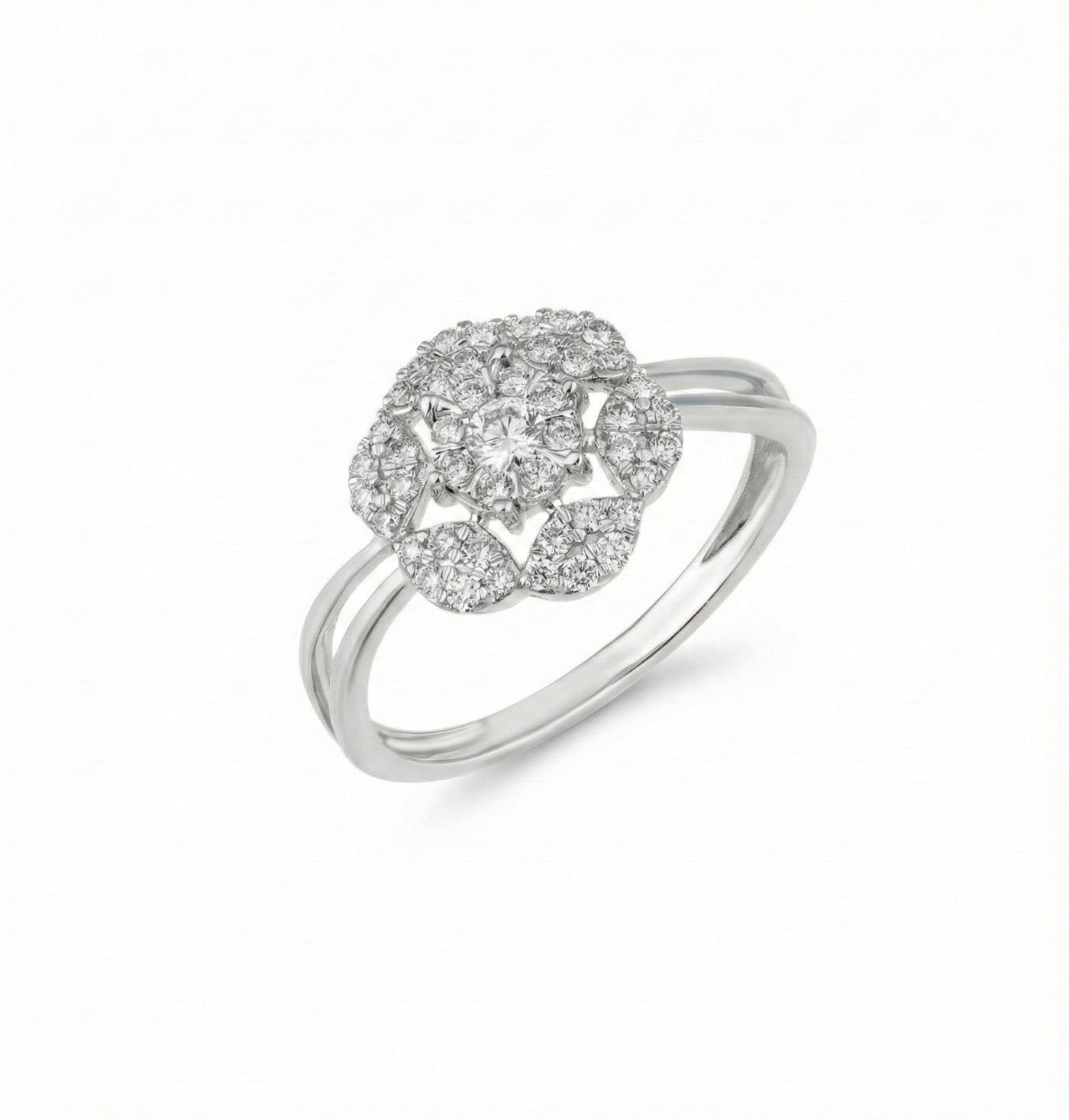 White gold ring with diamond cluster on a white background