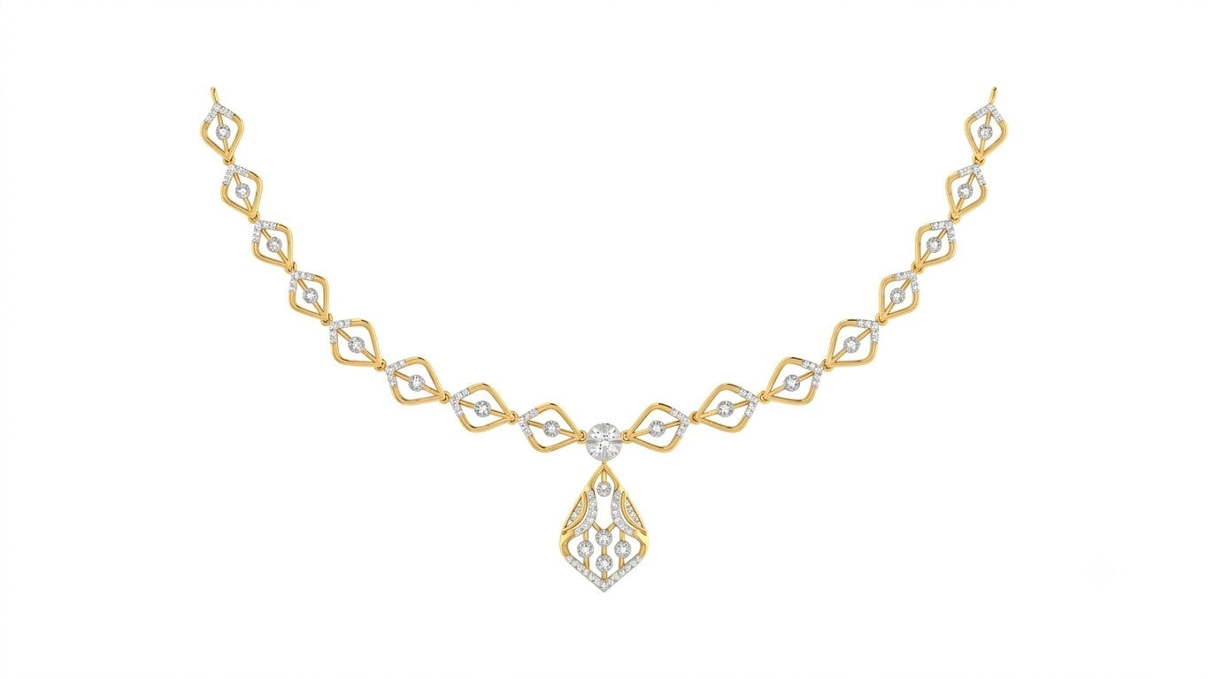 A yellow gold and diamond necklace with an intricate geometric link design and a teardrop-shaped, shown on a plain white background.