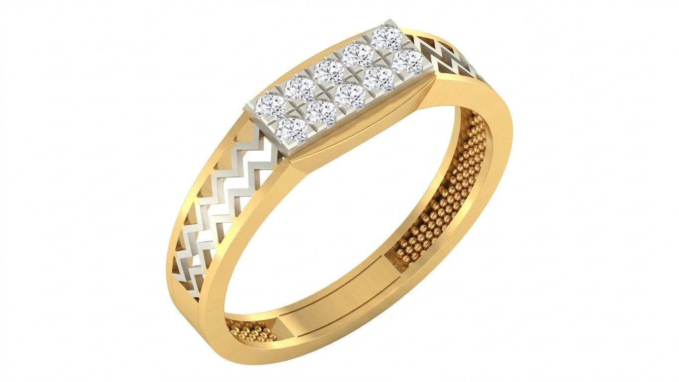 A yellow gold ring with a diamonds, shown on a plain white background.