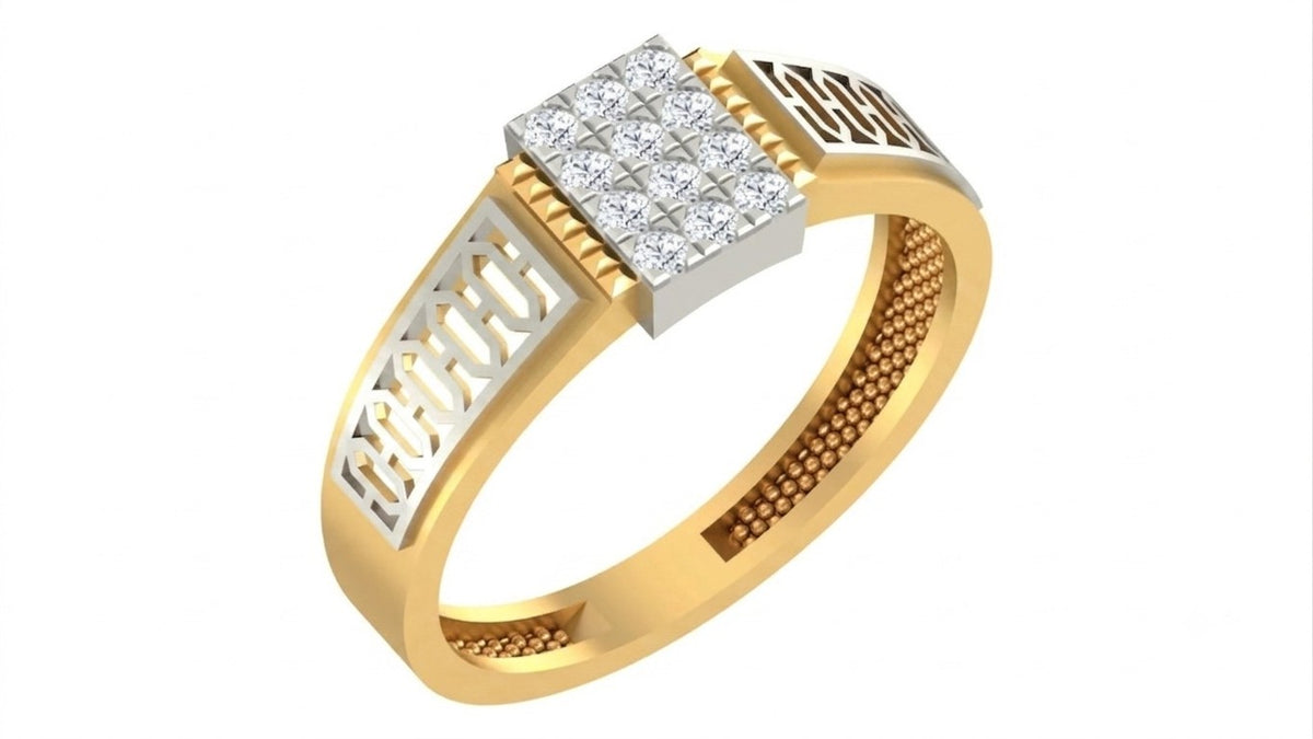A men's signet-style ring in yellow gold with a square diamond cluster center, shown on a plain white background.