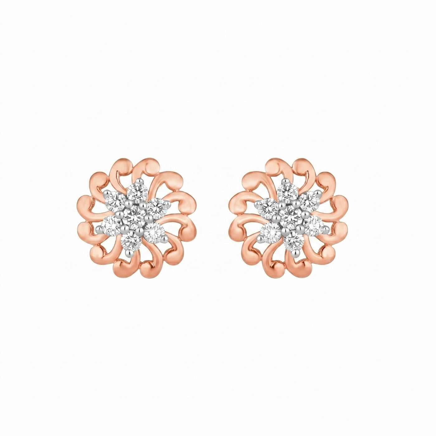 Rose gold floral earrings with diamond center on a white background.