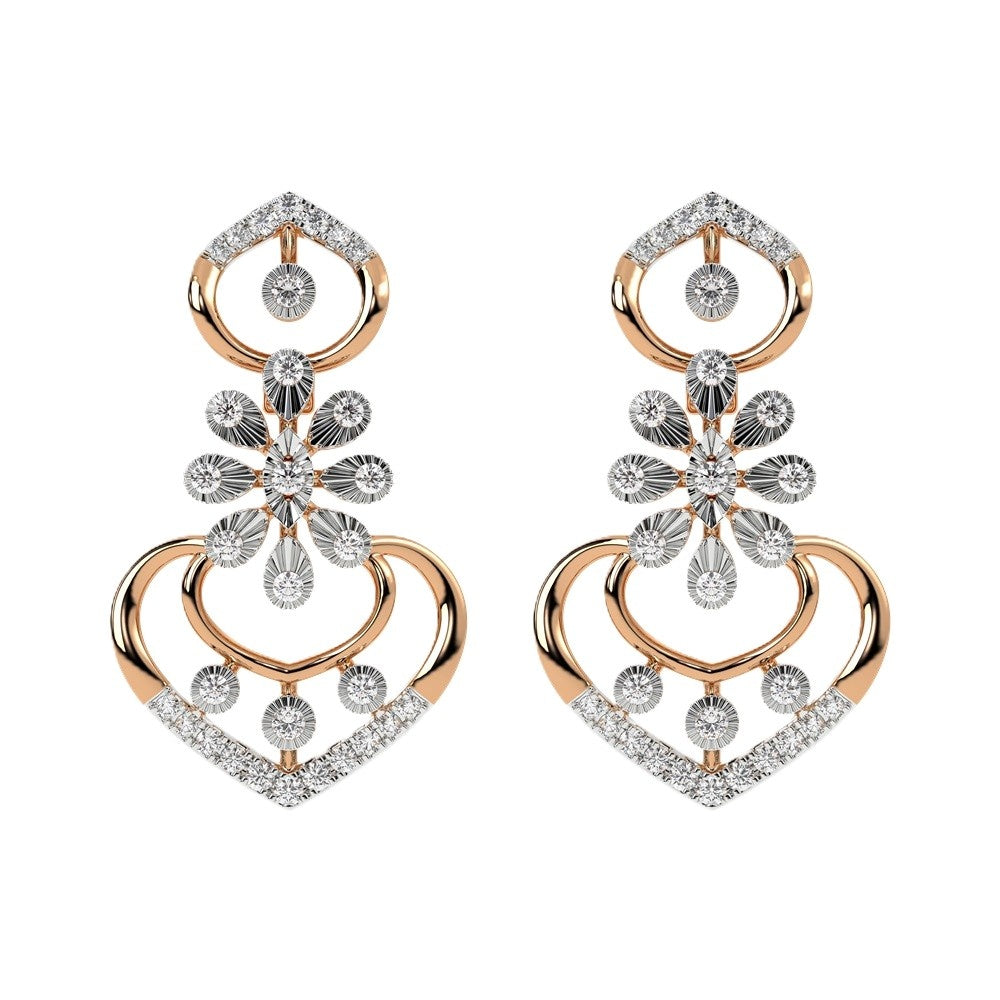 A pair of rose gold and diamond earrings, featuring a heart-shaped design with floral and circular details, set against a plain white background.