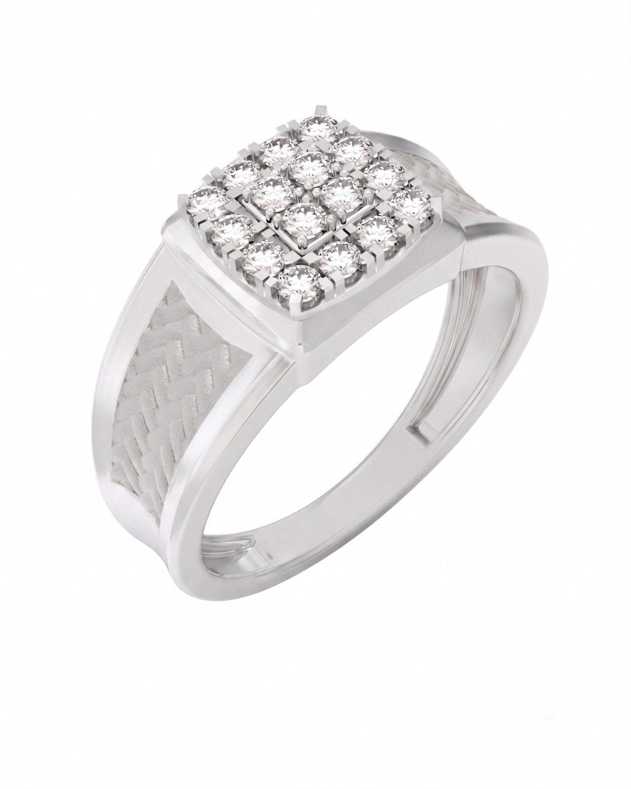 A white gold and diamond ring featuring a square cluster of clear diamonds, set against a plain white background.