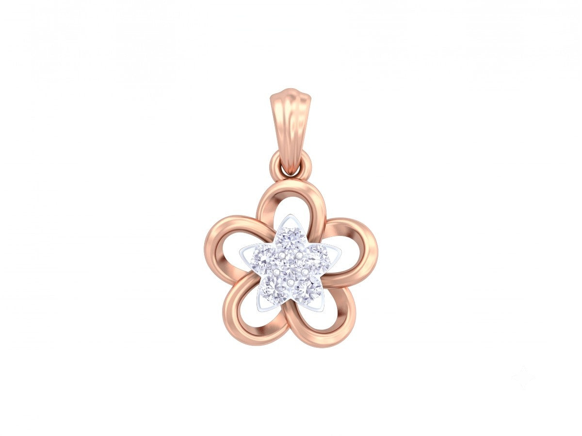 Rose gold flower-shaped pendant with a diamond on a white background