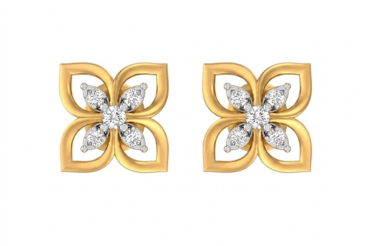 Yellow gold and diamond earrings with floral design on a white background.
