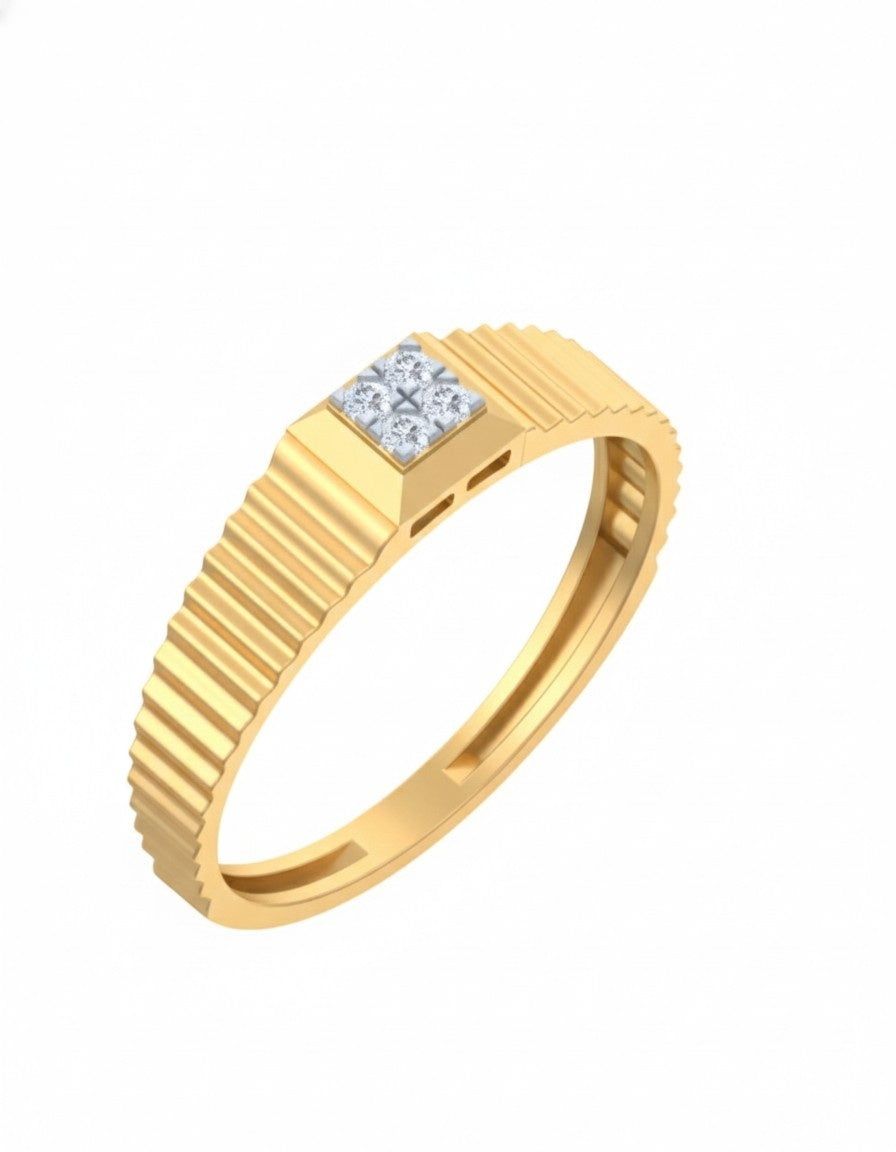 A yellow gold and diamond mens Aring on a plain white background.