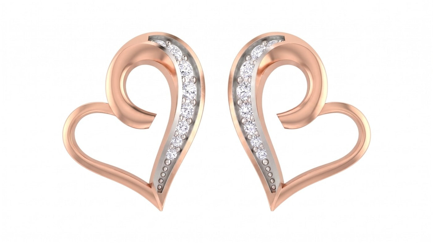 Rose gold and diamond heart-shaped stud earring on a white background.