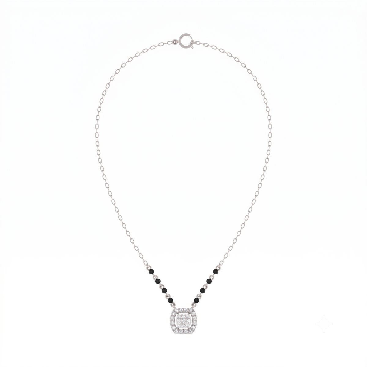 White gold and diamond mangalsutra with a square diamond on a white background