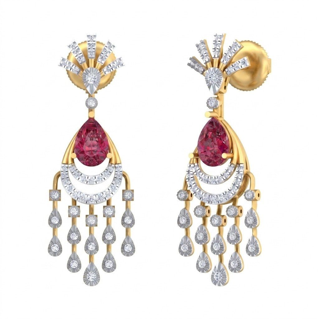 A pair of yellow gold and diamond earrings with a chandelier design, featuring ruby stones at the top.