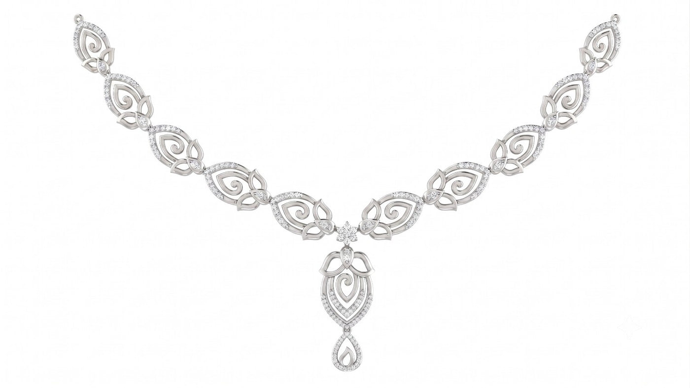 A white gold and diamond necklace with floral design, displayed on a solid white background.