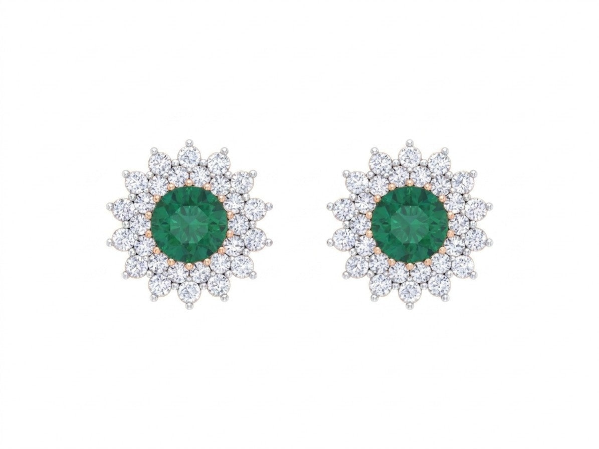 Pair of rose gold and diamond stud earrings with emerald gemstone on a white background.