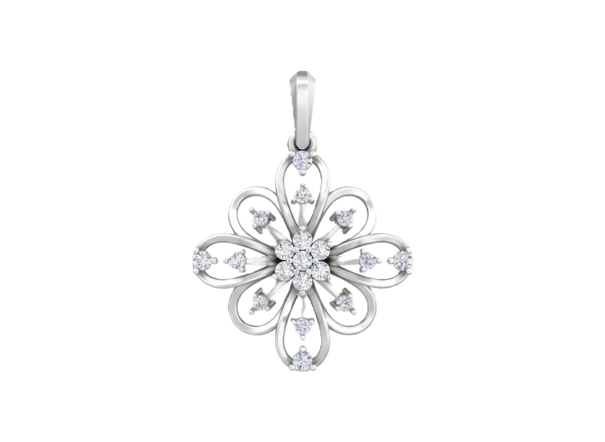 White gold and diamond floral pendant on a white background