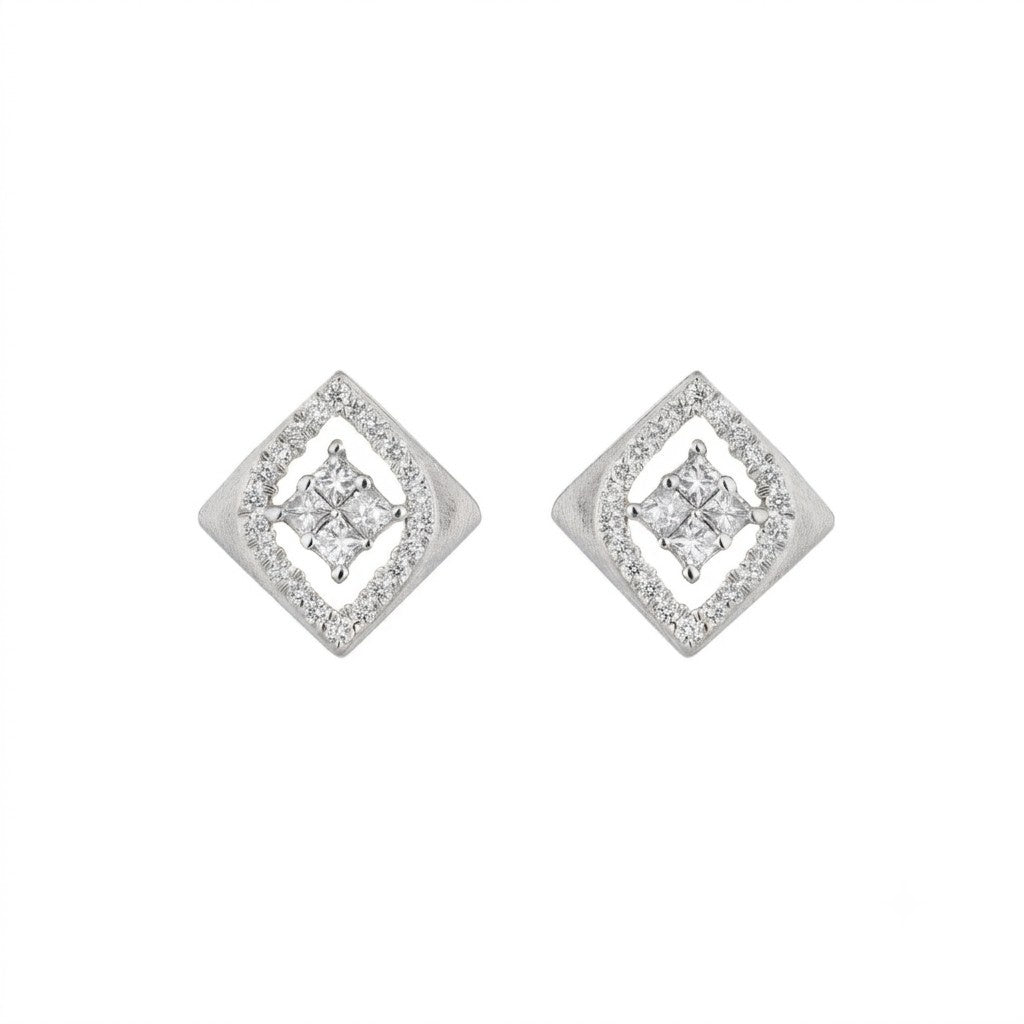 White gold and diamond stud earring with square-shaped on a white background.