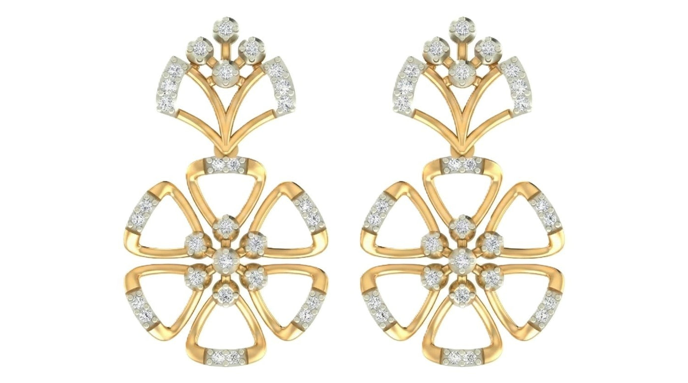 Pair of yellow gold and diamond floral earrings on a white background