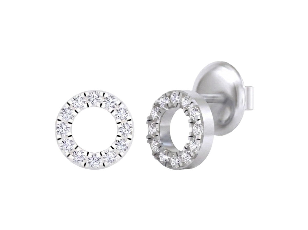 White gold and diamond round-shaped stud earring on a white bakground.
