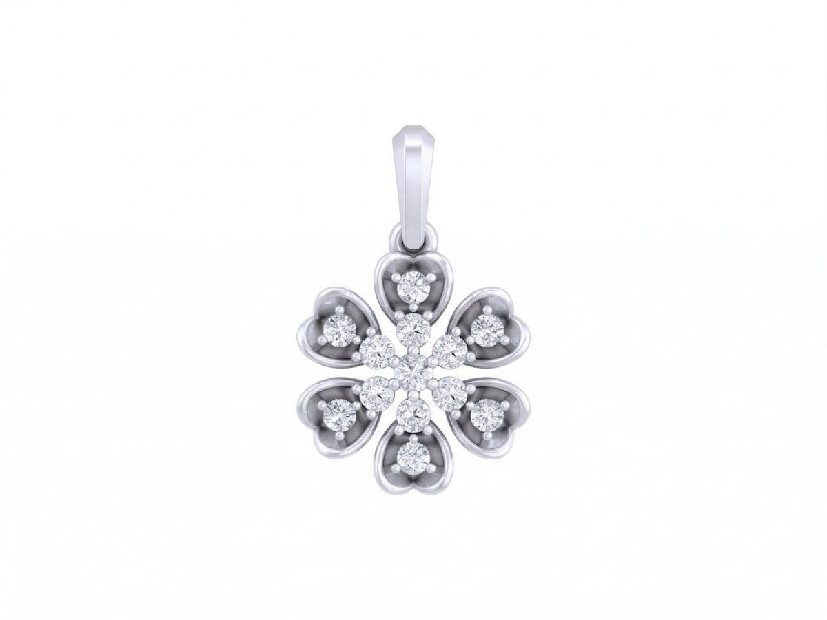 A whit gold-toned flower-shaped pendant with a bail at the top, featuring a central cluster of clear stones surrounded by six petal-shaped sections, each with small inset stones, shown on a plain white background.