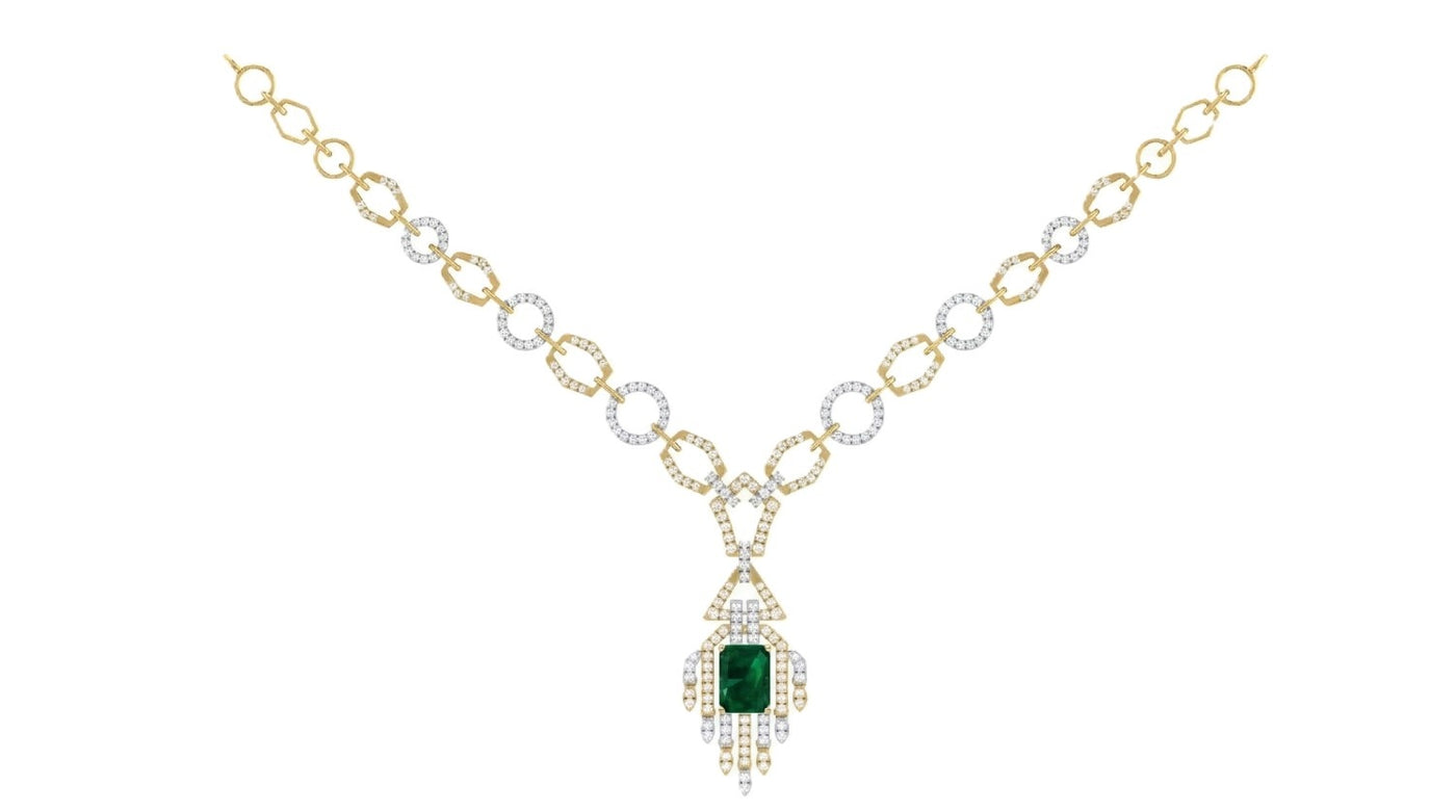 Yellow gold and diamond necklace with a green gemstone pendant on a white background