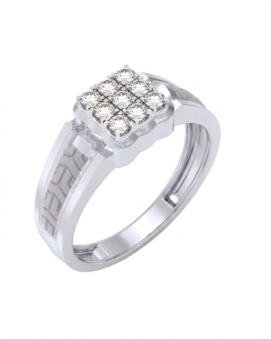A white gold and diamond ring with a square cluster on a white background.