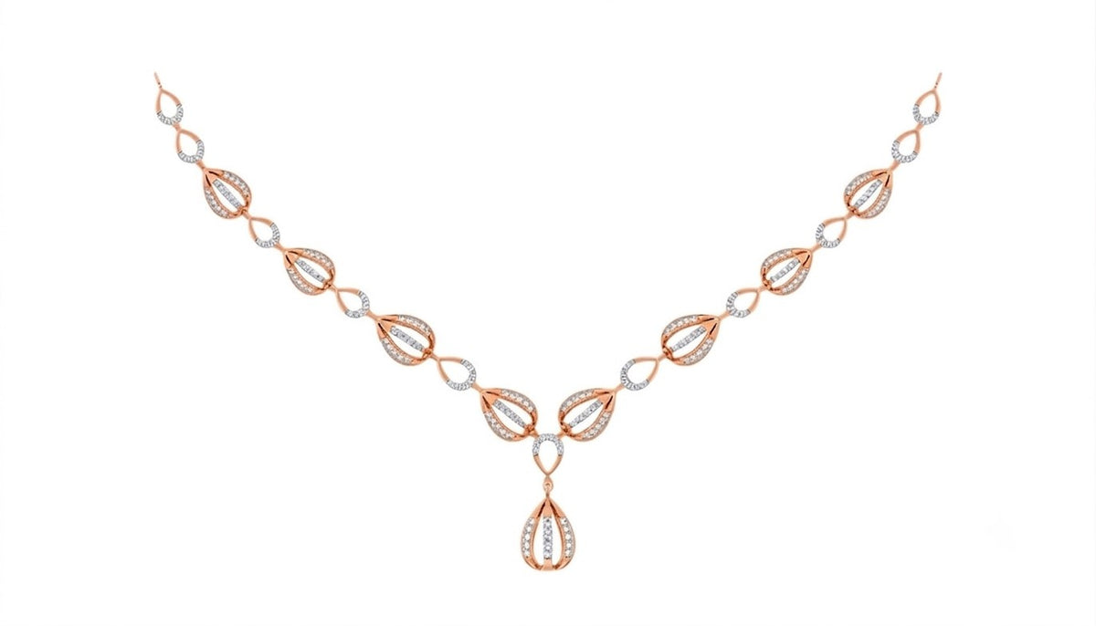 Rose gold and diamond necklace with a teardrop shaped, on a plain white background.