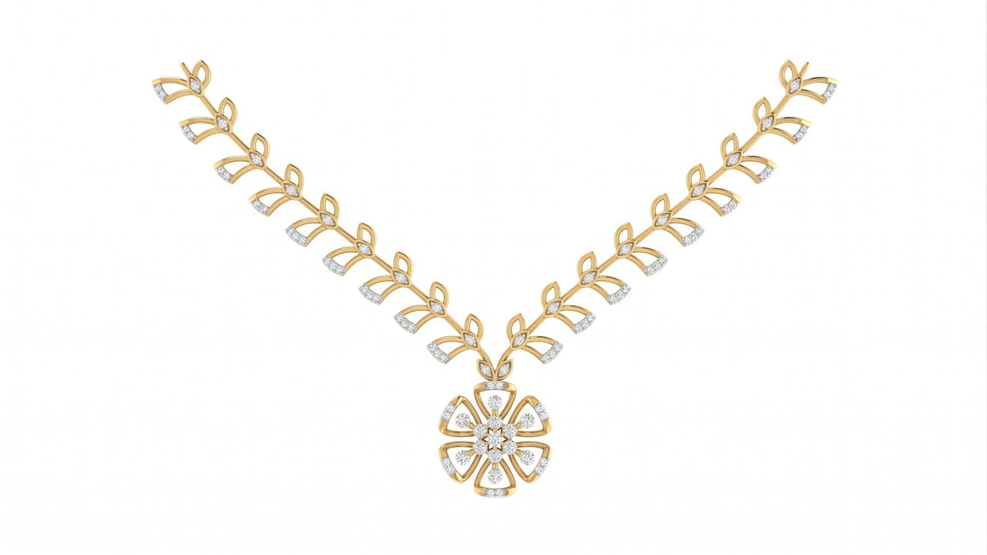 A yellow gold necklace with clear gemstone accents, featuring a central flower-design, displayed on a solid white background.
