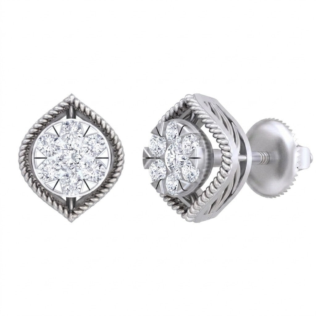 Pair of white gold and diamond stud earrings on a white background