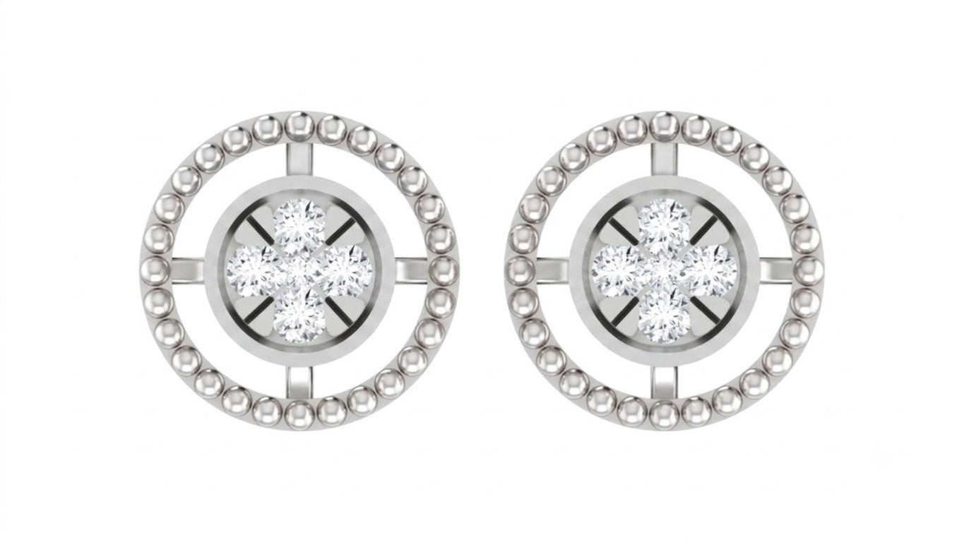 A pair of white gold and diamond round-shaped earrings on a white background