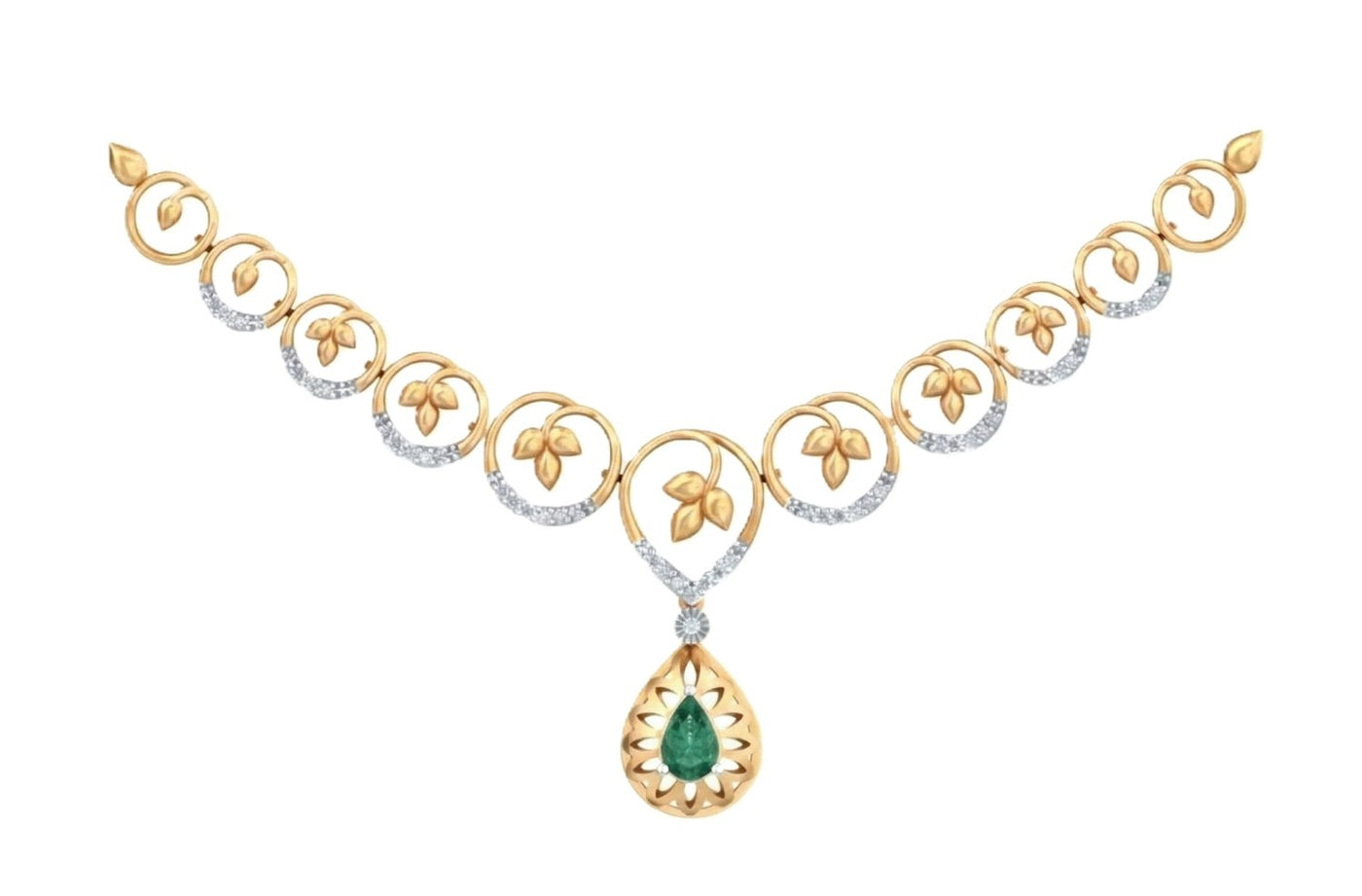 A yellow gold and diamond necklace featuring a central teardrop pendant with a green emerald, set against a plain white background.