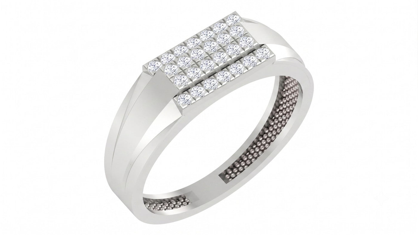 A white gold ring with a rectangular pavé diamond top, shown on a plain white background.