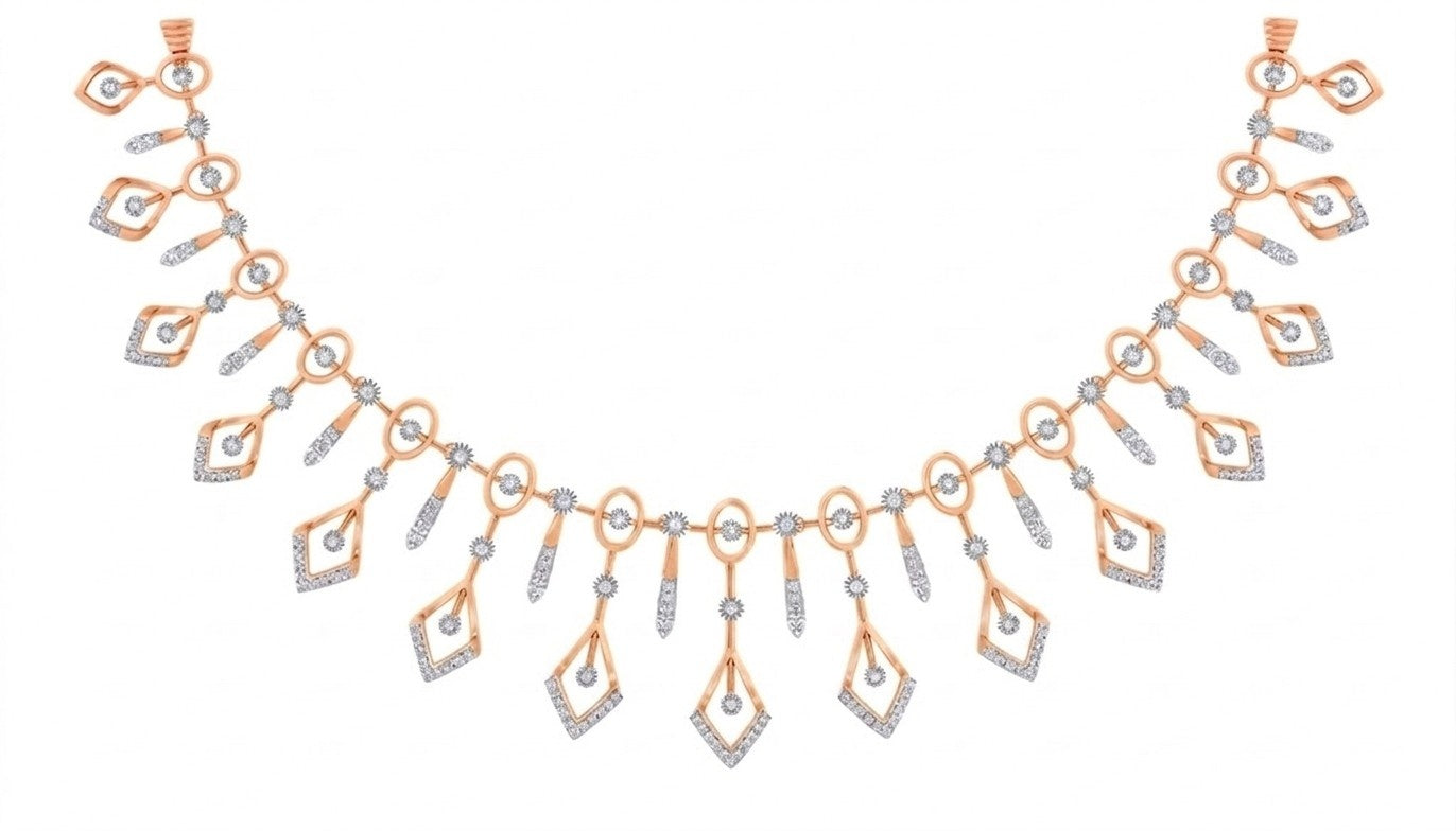 Rose gold and diamond-toned  necklace with geometric motifs, displayed on a plain white background.